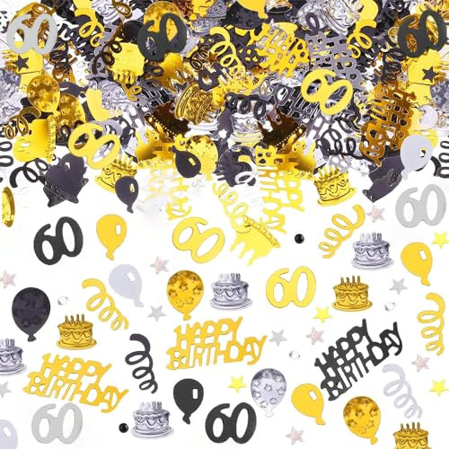 AIVEKE Happy Birthday 60. Geburtstag Deko Gold Schwarz - Tischdeko Glitzer Konfetti für Frau Mann, Streudeko für Luftschlangen Jubiläum Partydekorationen