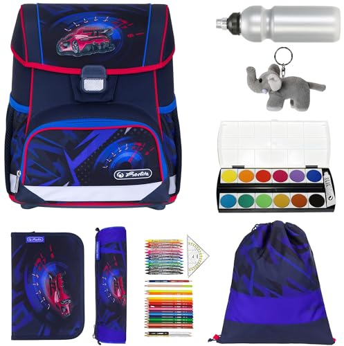 Herlitz Schulranzen Jungen Mädchen Tornister Kinder Ranzen Schultasche Schulmappe Schule leicht mit gefülltem Mäppchen Loop Plus, 8 Teile Set +efk v (High Speed 6232 (Rennwagen))