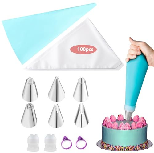 DBAILY Juego de mangas pasteleras, 100 unidades, desechables, con 6 boquillas de acero inoxidable, 1 manga pastelera reutilizable, 2 acopladores y 2 bridas de silicona para decorar tartas, pasteles