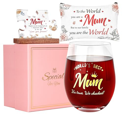 JOONYOEE Mum Birthday Gifts from Daughter/Son, Personalised Stemless Red Wine Glasses Gift Sets for Mothers Her, Ideas Christmas Birthday Presents for Step Mum Mummy,19 Oz