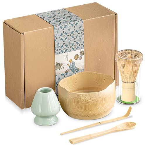 Juego de Té Matcha - Set de 5 Piezas Con Batidor, Cuenco, 2 Cucharas y Soporte - Kit de Cerámica Para Matcha