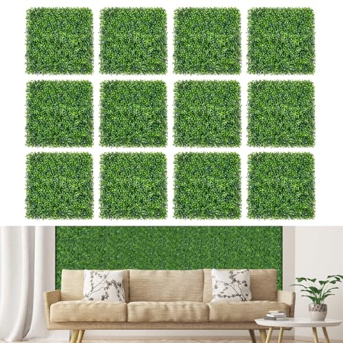 COSTWAY 12 Stück Künstliche Hecke Pflanzenwand, 50 x 50 cm, Paneele mit Buchsbaum-Blättern, Simulierter Rasen Kunstpflanze, UV-geschützt, Künstliche Pflanze, Dekoration für Wand Balkon Garten, Grün