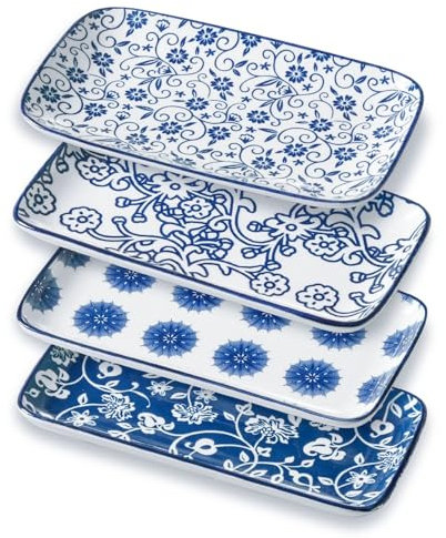 Gibsimi Ceramic Rectangular Salad Plates - 9.5 Inch Large Rectangle Serving Plates - Pasta Dinner Dessert Dishes for Sushi Appetizer Fruit - Oven Microwave Dishwasher Safe - Set of 4 - Vintage Blue