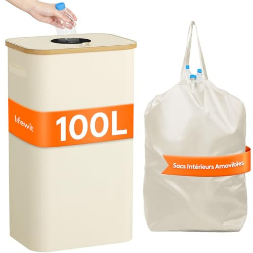Lifewit Poubelle Recyclage 100 L Transportable, Collecteur de Bouteilles Verre, Plastique, Grand Poubelle en Bambou pour Tris Selectif, Beige