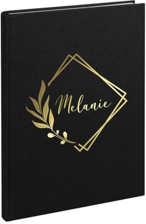 AWASG Notizbuch A5 – Personalisiert mit Name – Notizheft 200 Seiten dotted – Leinencover Grammatur 100g/m² - Blumenkranz geometrisch (schwarz)