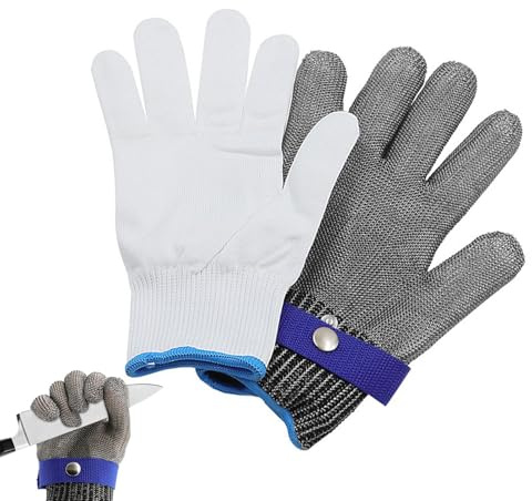 Gants métalliques en maille d'acier inoxydable, gants de travail de sécurité en maille, gants de cuisine résistants aux coupures avec gants en nylon blanc, gants résistants aux coupures confortables