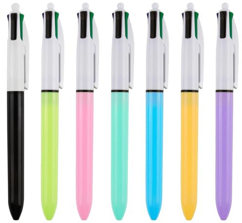 LANAFAY 7pcs 4 Colour Pens All In One, 4-in-1 Retractable Ballpoint Pens with Black Red Blue Green Ink, Multicolour Press Pen 1.0mm,Multi Coloured Pen for Office School Supplies Students Children Gift