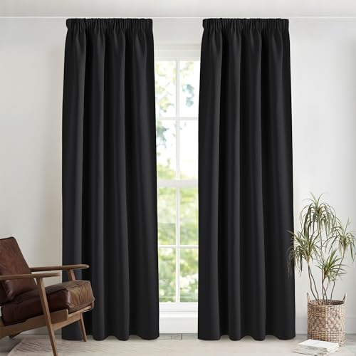 PONY DANCE Blickdichte Vorhänge Schwarz Thermogardine Hitzeschutz Schiene | 2er Set, H245 x B140cm, Gardinen Abdunkelnd, mit Kräuselband für Schiene, Sichtschutz, für Schlafzimmer Kinderzimmer Büro