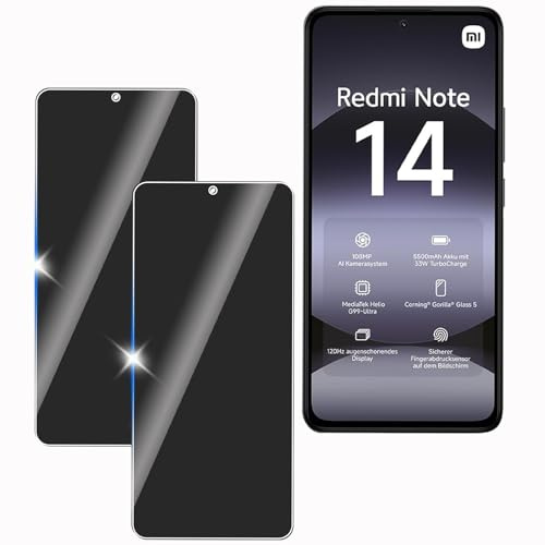 KULAIKE 2 Stück Sichtschutz für Xiaomi Redmi Note 14 Panzer Schutz Glas, Anti-Spähen Schutzfolie, Anti-Spy, Blickschutzfolie, 9H Härte, Anti-Kratzer, Stoßfest