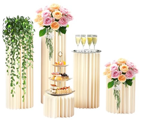 5 jarrones de columna de flores de cartón para boda, color blanco, plegable, columna decorativa, soporte cilíndrico para flores, soporte para columnas con tapa acrílica para bodas, compromisos