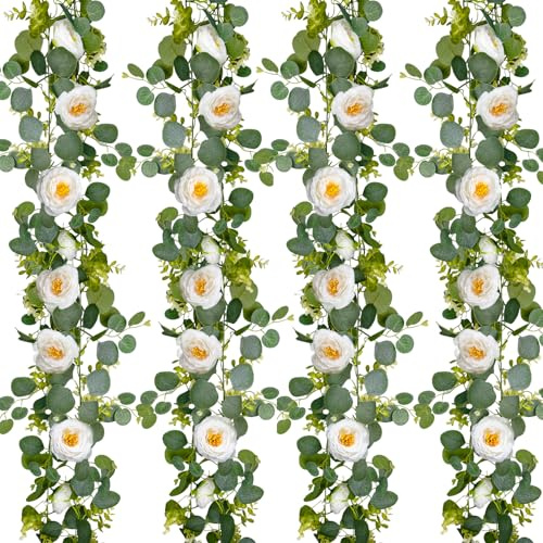 Zaphyron Künstliche Eukalyptus Rosengirlande mit Weißen Blumen, 2 Stück Blumengirlande für Hochzeitsbogen, Tischdeko, Party Deko Innen/Außen - Blumendeko Hochzeit, Blumenwand & Traubogen Deko(B-Style)