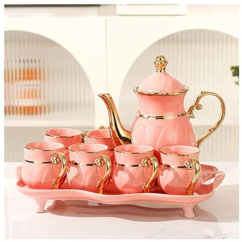 Juego de té para adultos, juego de té inglés de lujo, exquisito juego de té para mujer (6 tazas + 1 olla + 1 bandeja) con caja de regalo (rosa)