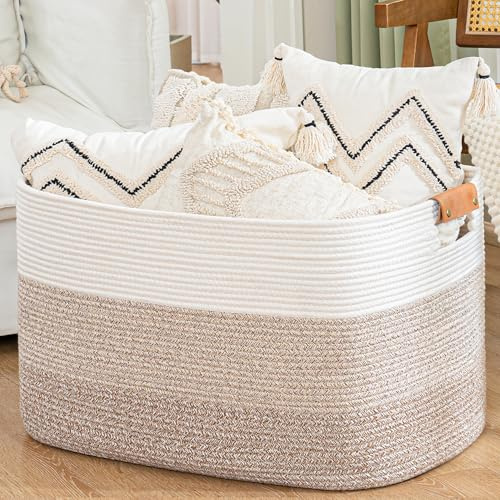 danpinera Large Storage Basket, 72L Toy Basket with Leather Handle, Eco-friendly Decorative Blanket Basket Living Room, Woven Laundry Bin for Dirty Clothes & Towel 22 ''*17 ''*11.8 '', Gradient Brown
