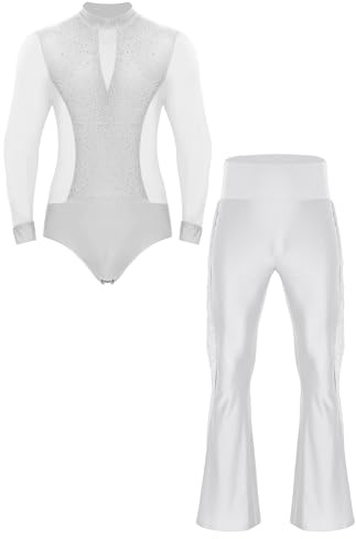 Manyakai Traje de Patinaje Artístico para Hombres con Maillot de Danza y Pantalones Campana con Flecos Traje Baile de Salón Latín Jazz Tango Salsa Rumba Cha-Cha Blanco M