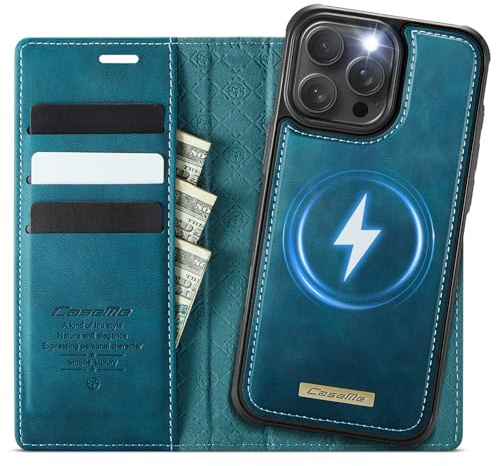 Coverilo Handyhülle für iPhone 13 Pro Max Hülle Abnehmbar 2-in-1 Magnetische Premium PU Leder Klapphülle Kabelloses Laden Kartenfach RFID Standfunktion Schutzhülle für iPhone 13 Pro Max – Blaugrün