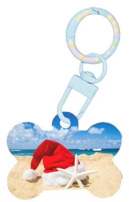 YUBVCF Hundemarke mit Weihnachtsmannmütze am Strand und Seestern, aus Acryl, Hundemarke, Schlüsselanhänger für Urlaub für Tierliebhaber, Hundegeschenk, S, Acryl