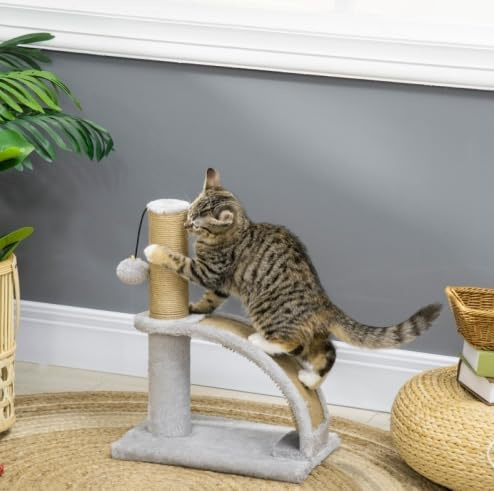 Kratzbaum klein Katzenkratzbaum Kratzstamm für Katzen Katzenkratzbrett, Kratzbaum für kleine Katzen, Kratzsäule Kratzstamm mit Spielball, 34L x 24B x 43H cm, Grau