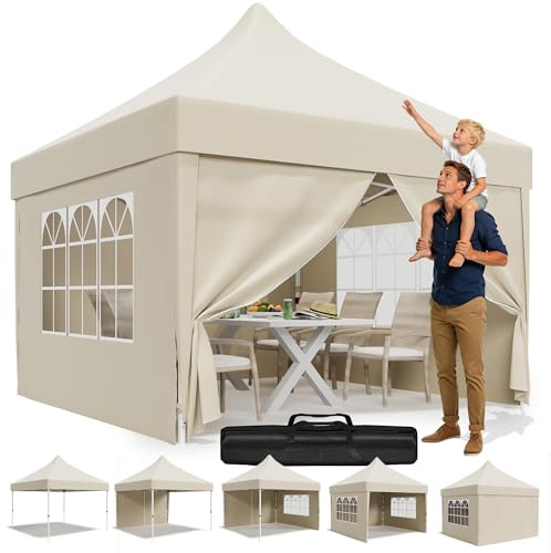 JUMMICO Faltpavillon 3x3 mit Hoher Spitze, um 60% Verbesserte Regenschutzleistung. UV 50+, Pavillon 3x3 Wasserdicht Stabil Winterfest, Shelter mit seitenwänden, für Garten und Camping, Beige