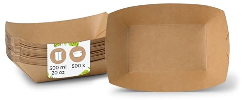 BIOZOYG Snackschale Pappe 500 Stück 500ml, 20,5 x 14 x 3 cm braun - Snackbox mit PE-Beschichtung - Pommes Schalen, Fingerfood Schale, Dessertschale, Tapas, Currywurst - Einwegteller