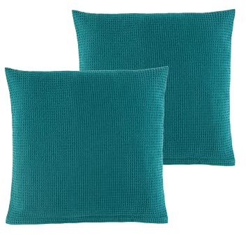 WOHNWOHL® Waffel Piqué Kissenhülle (45x45 cm / 2er Pack) • Kissenbezug aus 100% Baumwolle • Sofakissenbezug • Waffelpique Dekokissenhülle • Couchkissen Hülle • Farbe: Petrol