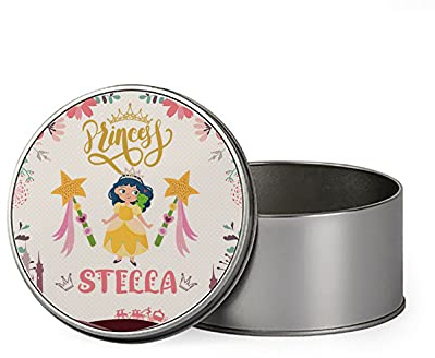Giftme Personalised Magically Stars Crown Castle Floral Girl Princess ANY NAME Kids BACK TO SCHOOL Portable Metal Tin Storage Box Biscuit Chocolate Tin Emergency Stuff Tin. (Round)