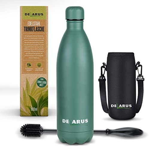 !! SONDERANGEBOT !! Delarus Trinkflasche Edelstahl - Auslaufsichere 1000ml Wasserflasche - Nachhaltige Isolierflasche BPA-frei - Für Kohlensäure, heiße und kalte Getränke (Dunkelgrün matt)