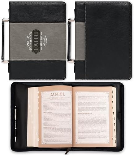 Christian Art Gifts Klassische zweifarbige Bibel- und Buchhülle für Männer und Frauen: Walk by Faith – 2 Korinther 5:7 Inspirierende Schrift Vers Tragetasche Zubehör mit Taschen, Schwarz & Grau mit