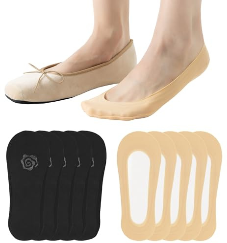 XTBPQMX 10 Pairs No Show Socks for Women, Non Slip Invisible Low Cut Liner Socks, Nylon Footies for Flats Loafer Heels Pumps (Black & Skin)