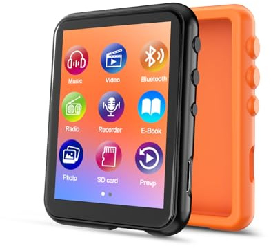 64 GB MP3-Player mit Bluetooth 5.3, QNGEE 2,4-Zoll-Full-Touchscreen-Musik-MP3 für Kinder, FM-Radio, Sprachaufzeichnung, Hi-Fi-Sound, E-Book, inklusive Kopfhörer Orange