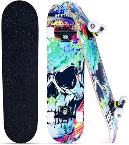 Skateboards för nybörjare barn pojkar flickor och vuxna, 7-lagers lönn, dubbelspark konkav, fascinerande cool, solid och hållbar (skalle)