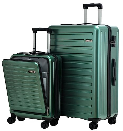 TydeCkare 20/28 Gepäckset, 20 Handgepäck mit Laptoptasche mit Frontöffnung 55x39x20 cm, 28 Hartschalenkoffer 101L, ABS+PC, mit TSA Schloss, Grün