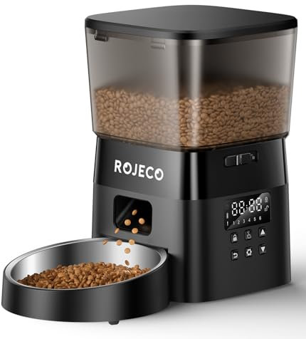 ROJECO Distributore Automatico Cibo Gatti, Distributore Crocchette Gatto, con Ciotola in Acciaio Inossidabile, Tempo e Porzioni Programmabili 6 Pasti Fino a 16 Porzioni per Pasto