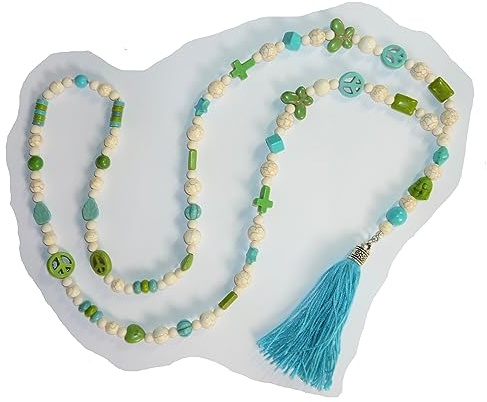 SSH-Design - lange Y - Kette HIPPIE BOHO IBIZA PEACE - QUASTE - türkis, grün & creme -