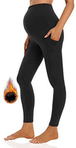 Foucome Leggings pour femmes enceintes avec doublure en polaire et poches, couvrant le ventre, pantalon de maternité thermique pour l'hiver et le sport, Noir , M