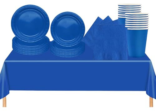 69 piezas Azul Platos Desechable Juego de Vajilla Desechable Decoración Cumpleaños Fiesta,Platos Servilletas Copa de Papel y Mantel,para Bodas,Picnics,Baby Shower,Biodegradable,Compostables