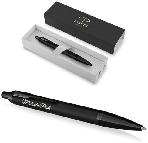Parker IM Achromatic Kugelschreiber mit Gravur | Premium Stift | Geschenkbox | blaue Tinte | personalisiertes Geschenk | Namen | graviert | Kuli | Geburtstag | Geschenkidee (matt-schwarz)