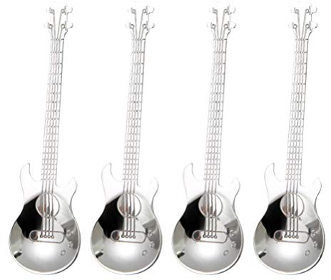 Cuillères à café Guitare en Acier Inoxydable, Ustensile de Cuisine en Forme D'instrument pour Mélanger Milkshake, thé, Dessert, Boisson 4 Pièces (Guitare Cuillère-Argent)