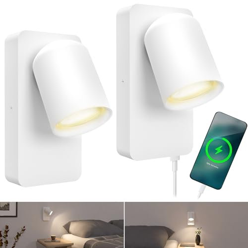 SSC-LUXon NERU 2er Nachttischlampe weiß - moderne Wandlampe innen inkl. USB Ladefunktion, Schalter & LED GU10 Lampe warmweiß