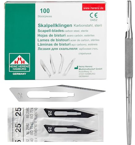 Set - 100 Stück sterile Skalpellklingen Figur 25 aus Karbonstahl - Ersatzklingen + 1 x Shehadeh - Skalpell-Halter mit rundem Griff - Edelstahl