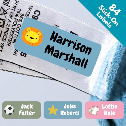 QuoteMyWall x84 Stick On Washable Clothing Labels for School Uniform Clothes | No Iron Personalised Name Sticker Tags Kids, Care Home Customised Peel & Stick Children's Stationery (Blue)