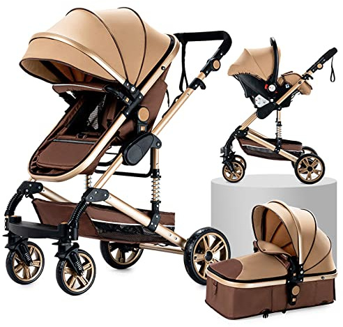 NADDLILY Kinderwagen 3 in 1, Buggy mit Umkehrbarem Zwei-Wege-Schub, Kinderwagen mit Faltbarem Tragbarem One-Click-Design, Kinderwagens 3 in 1 Komplettset mit Zubehör Hohe Landschaft (739 Beige)