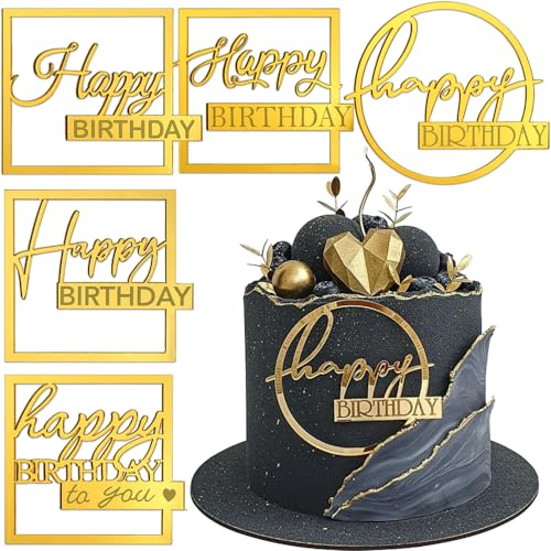 Happy Birthday Tortendeko Geburtstag Kuchen Deko Spiegel Gold Acryl Tortenaufleger Torten Deko Happy Birthday Cake Topper Kuchendeko Geburtstagsdeko Cupcake Topper Cake Decoration Torten Zubehör, 5pcs