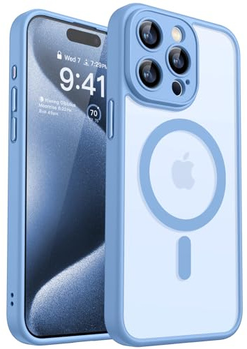 CANSHN Cover Magnetica per iPhone 15 Pro, Compatibile con MagSafe, [Protezione Completa Della Fotocamera], Custodia Traslucida Opaca Protettiva Sottile Antiurto 6,1 Pollici - Azzurro