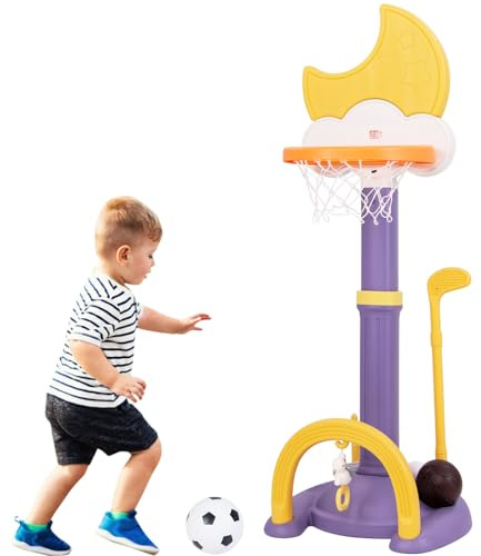 Maxmass 4 in 1 Kids Basketball Hoop Set, 9 Levels Toddler Basketball Stand with Electronic Scoreboard, Soccer Goal, Ring Toss, Golf Set, Kids Sports Activity Center for Boys Girls (Purple+Yellow)