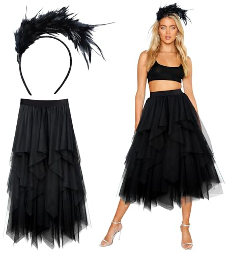 SANLIUSANJIU Gonna in Tulle da Donna, Gonna Lunga in Tulle Irregolare Nero + Fascia di Piume, Costume da Donna di Carnevale per Tutti i Giorni, Ballo, Festa