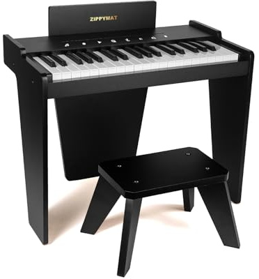 ZIPPY MAT Kinderklavier, 37 Tasten Digitalpiano für Kinder, berührungsempfindliches Bedienfeld, Lautstärke einstellbar, musikpädagogisches Instrument, Holzklavier für Mädchen und Jungen (Black Plus)