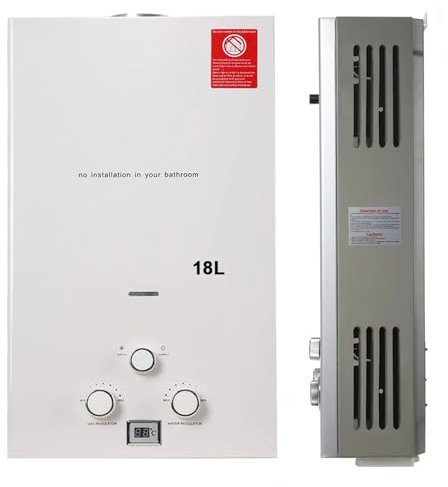 Tankless Propane Camping Water Heater,Portable Outdoor Boiler for Home Shower, Wall-Mounted LPG Gas Heater with Digital Display - White