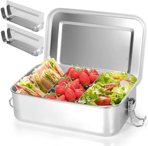 FoiiLiio Edelstahl Brotdose,Mit 2 Fächern,2400ml Lunchbox Brotdose aus Edelstahl,Brotzeitdose mit Trennwänd,Auslaufsichere Bento-Box aus Edelstahl,Brotdosen Metall für Erwachsene,23 x 16 x 7 cm