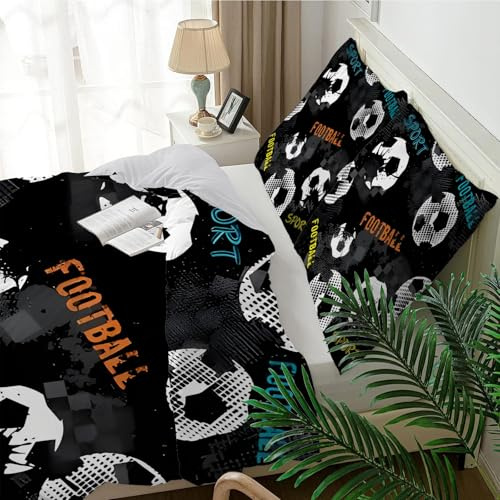 Qiwagu Housse de Couette 160x200 Sports Football, Parure de Lit 1 Personne Noir en Microfibre avec Fermeture Éclair, Set de Housse de Couette avec 2 Taies d'oreiller 65x65 cm, A1356