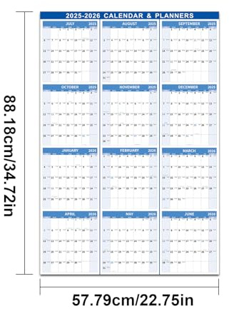 Trocken abwischbarer Kalender 2025–2026, 12-Monats-Planer, laminiert, (Juli 2025-Juni 2026), horizontal/vertikal zum Aufhängen für Zuhause, Schule und Büro, 200 g dickes Papier